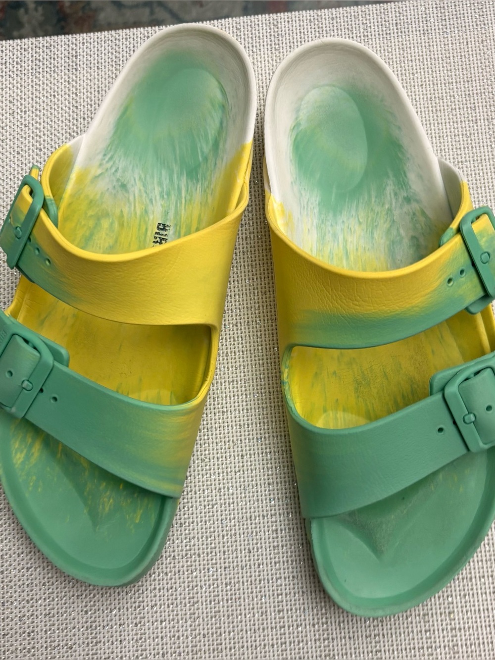 Birkenstock Green and Yellow Two-Band Slide Sandals tie dye style size 10.5